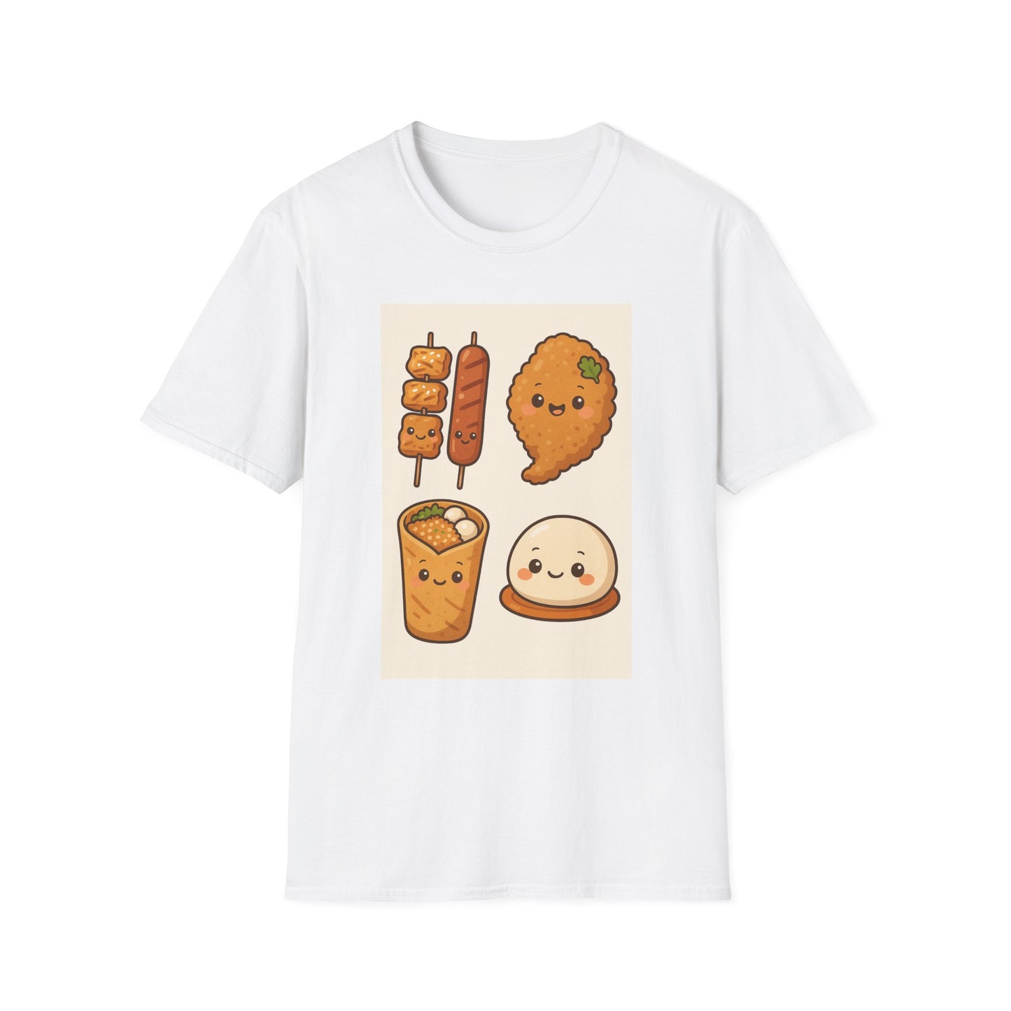 Night Market Snacks T-Shirt – Kawaii Skewers, Sausage & Fried Chicken Design